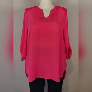 CATO Hot Pink Lace Embellished Split V-Neck Tunic Top - Plus Size 18/20W